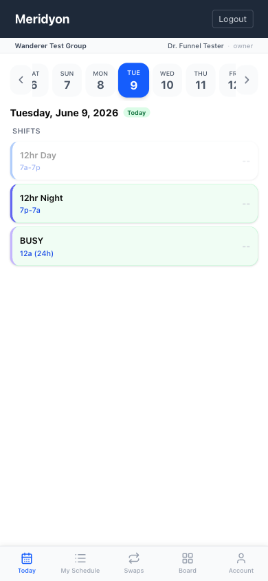 Meridyon mobile Today view on a phone, listing a provider's shifts for Tuesday, June 9, 2026, with a week strip across the top and Today, My Schedule, Swaps, and Board tabs below.
